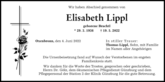 Traueranzeige von Elisabeth Lippl von Günzburger Zeitung