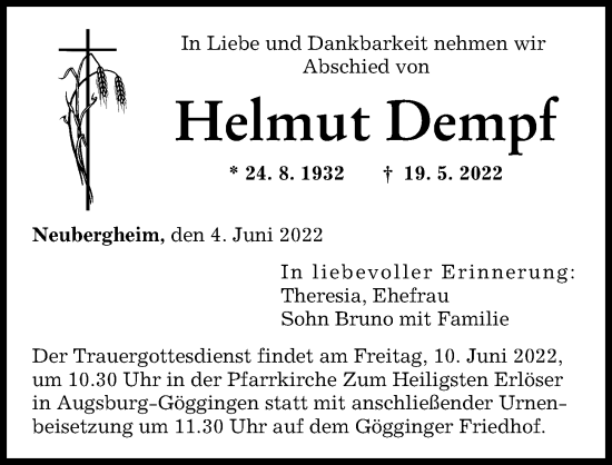 Traueranzeige von Helmut Dempf von Augsburger Allgemeine
