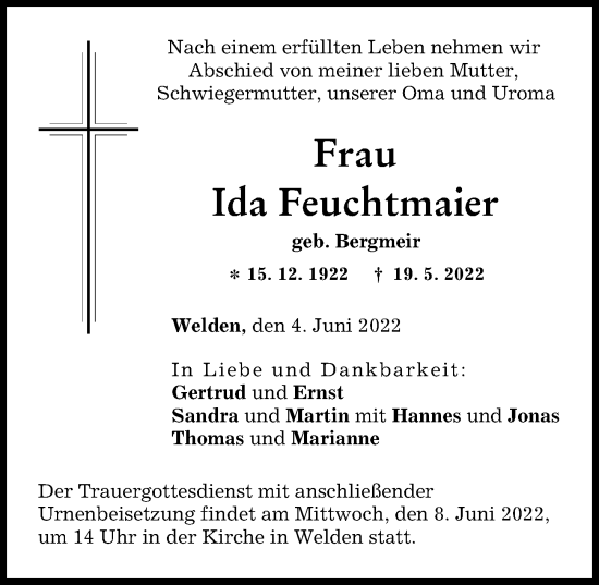 Traueranzeige von Ida Feuchtmaier von Augsburg-Land