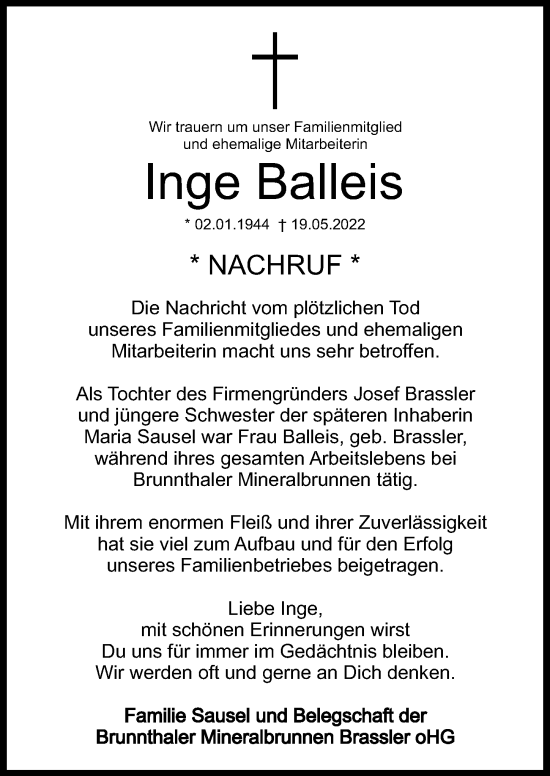 Traueranzeige von Inge Balleis von Donau Zeitung, Neuburger Rundschau