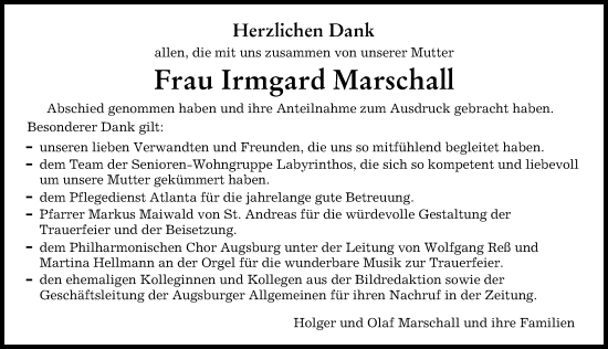 Traueranzeige von Irmgard Marschall von Augsburger Allgemeine