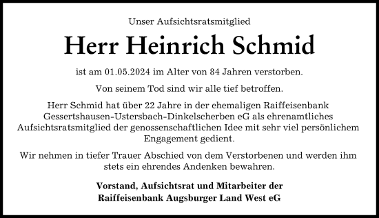 Traueranzeige von Heinrich Schmid von Augsburg-Land