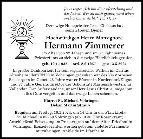 Traueranzeige von Hermann Zimmerer von Neu-Ulmer Zeitung, Illertisser Zeitung