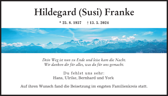 Traueranzeige von Hildegard  Franke von Augsburger Allgemeine