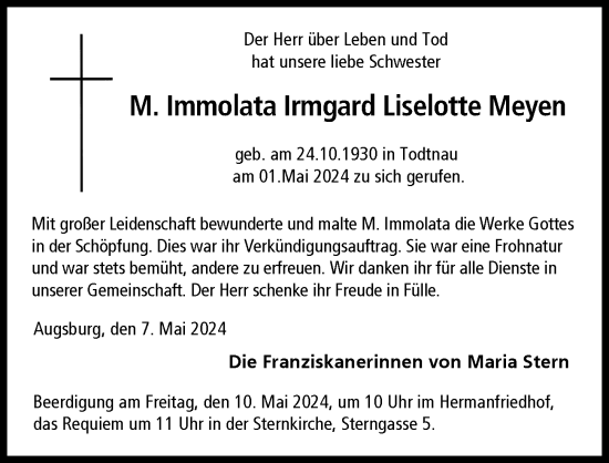 Traueranzeige von Irmgard  Meyen von Augsburger Allgemeine