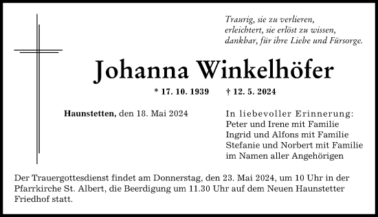 Traueranzeige von Johanna Winkelhöfer von Augsburger Allgemeine