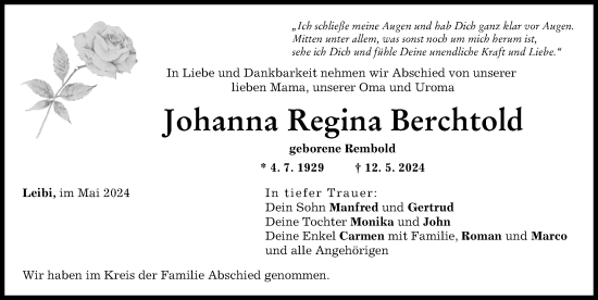 Traueranzeige von Johanna Regina Berchtold von Neu-Ulmer Zeitung