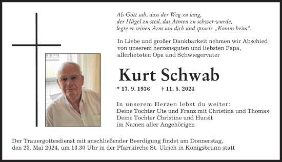 Traueranzeige von Kurt Schwab von Augsburger Allgemeine