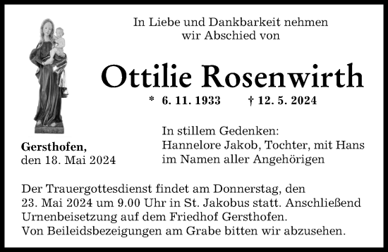 Traueranzeige von Ottilie Rosenwirth von Augsburger Allgemeine
