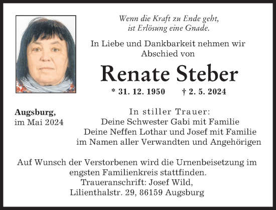 Traueranzeige von Renate Steber von Augsburger Allgemeine