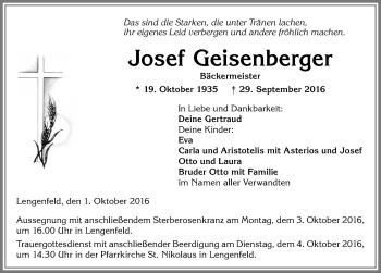 Traueranzeige von Josef Geisenberger von Allgäuer Zeitung