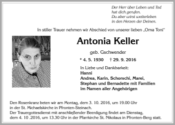 Traueranzeige von Antonia Keller von Allgäuer Zeitung