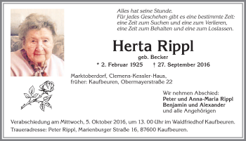 Traueranzeige von Herta Rippl von Allgäuer Zeitung