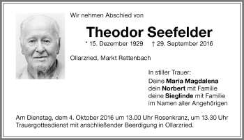 Traueranzeige von Theodor Seefelder von Allgäuer Zeitung