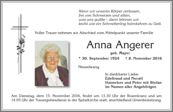 Traueranzeige von Anna Angerer von Allgäuer Zeitung, Füssen