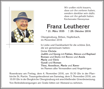 Traueranzeige von Franz Leutherer von Allgäuer Zeitung, Marktoberdorf