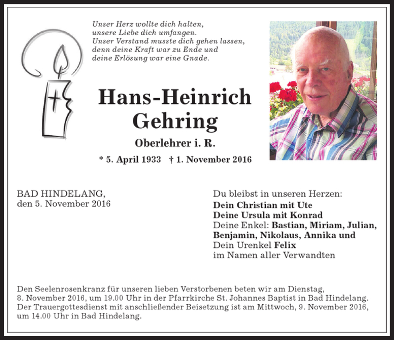  Traueranzeige für Hans-Heinrich Gehring vom 05.11.2016 aus Allgäuer Anzeigeblatt