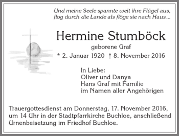 Traueranzeige von Hermine Stumböck von Allgäuer Zeitung, Kaufbeuren/Buchloe