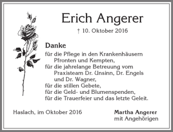 Traueranzeige von Erich Angerer von Allgäuer Zeitung,Kempten