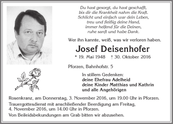 Traueranzeige von Josef Deisenhofer von Allgäuer Zeitung, Kaufbeuren/Buchloe