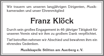 Traueranzeige von Franz Klöck von Allgäuer Zeitung, Marktoberdorf