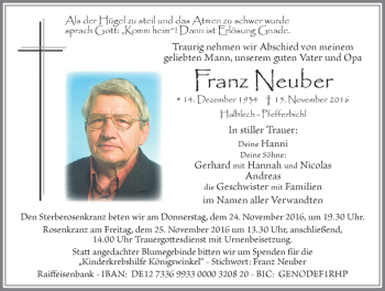 Traueranzeige von Franz Neuber von Allgäuer Zeitung, Füssen