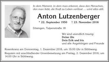 Traueranzeige von Anton Lutzenberger von Allgäuer Zeitung, Kaufbeuren/Buchloe