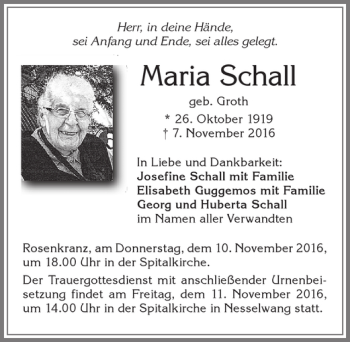 Traueranzeige von Maria Schall von Allgäuer Zeitung, Füssen