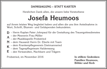 Traueranzeige von Josefa Heumoos von Allgäuer Zeitung,Kempten