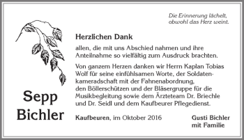 Traueranzeige von Sepp Bichler von Allgäuer Zeitung, Kaufbeuren/Buchloe