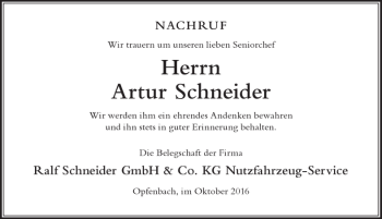Traueranzeige von Artur Schneider von Der Westallgäuer