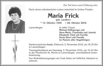 Traueranzeige von Maria Frick von Allgäuer Zeitung, Kaufbeuren/Buchloe