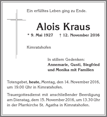 Traueranzeige von Alois Kraus von Allgäuer Zeitung,Kempten