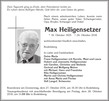 Traueranzeige von Max Heiligensetzer von Allgäuer Zeitung,Kempten