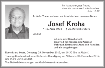 Traueranzeige von Josef Kroha von Allgäuer Zeitung, Marktoberdorf