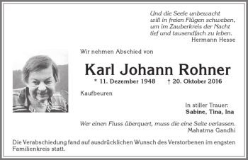 Traueranzeige von Karl Johann Rohner von Allgäuer Zeitung, Kaufbeuren/Buchloe