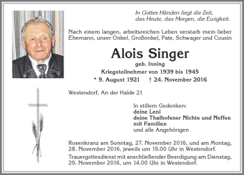 Traueranzeige von Alois Singer von Allgäuer Zeitung, Kaufbeuren/Buchloe