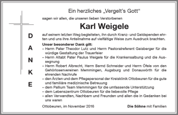 Traueranzeige von Karl Weigele von Memminger Zeitung