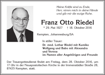 Traueranzeige von Franz Otto Riedel von Allgäuer Zeitung,Kempten
