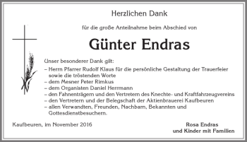 Traueranzeige von Günter Endras von Allgäuer Zeitung, Kaufbeuren/Buchloe