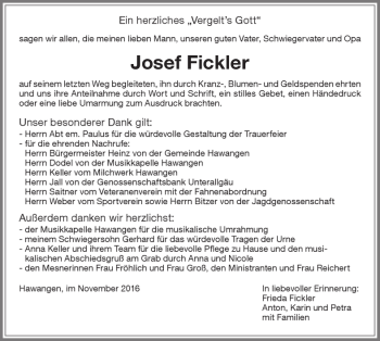 Traueranzeige von Josef Fickler von Memminger Zeitung