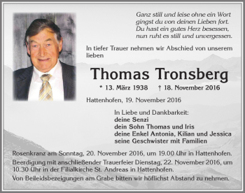 Traueranzeige von Thomas Tronsberg von Allgäuer Zeitung, Marktoberdorf