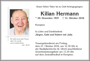 Traueranzeige von Kilian Hermann von Allgäuer Zeitung,Kempten