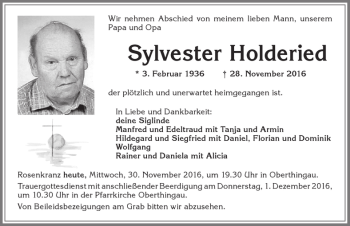 Traueranzeige von Sylvester Holderied von Allgäuer Zeitung, Marktoberdorf