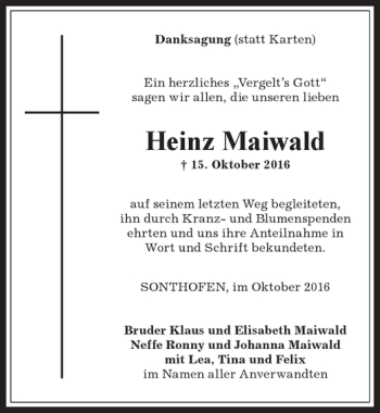 Traueranzeige von Heinz Maiwald von Allgäuer Anzeigeblatt