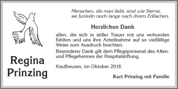 Traueranzeige von Regina Prinzing von Allgäuer Zeitung, Kaufbeuren/Buchloe