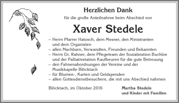 Traueranzeige von Xaver Stedele von Allgäuer Zeitung, Kaufbeuren/Buchloe
