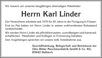Traueranzeige von Karl Linder von Allgäuer Zeitung, Füssen