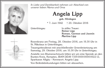 Traueranzeige von Angela Lipp von Allgäuer Zeitung, Marktoberdorf