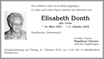 Traueranzeige von Elisabeth Donth von Allgäuer Zeitung, Kaufbeuren/Buchloe